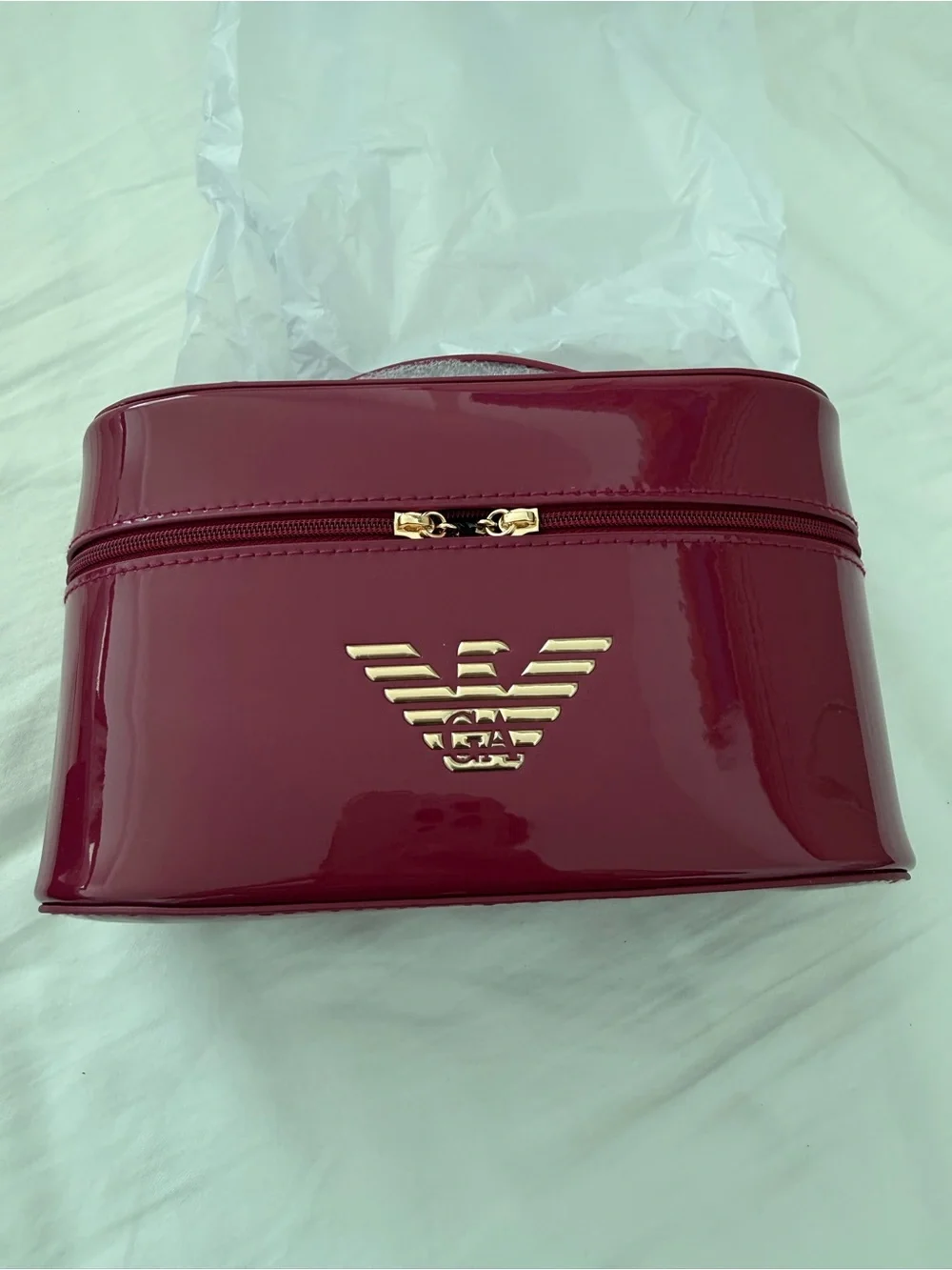 NWT: Emporio Armani Glossy Burgundy Cosmetic Case